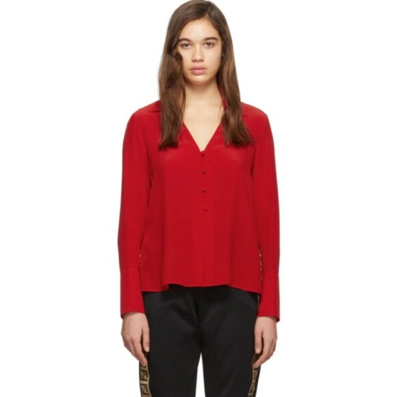 Fendi Embroidered button down shirt in red silk crepe de chine - Picture 3 of 16